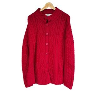 Aran Crafts Ireland Women's Red Merino Wool Cable Knit Cardigan XL Button Front